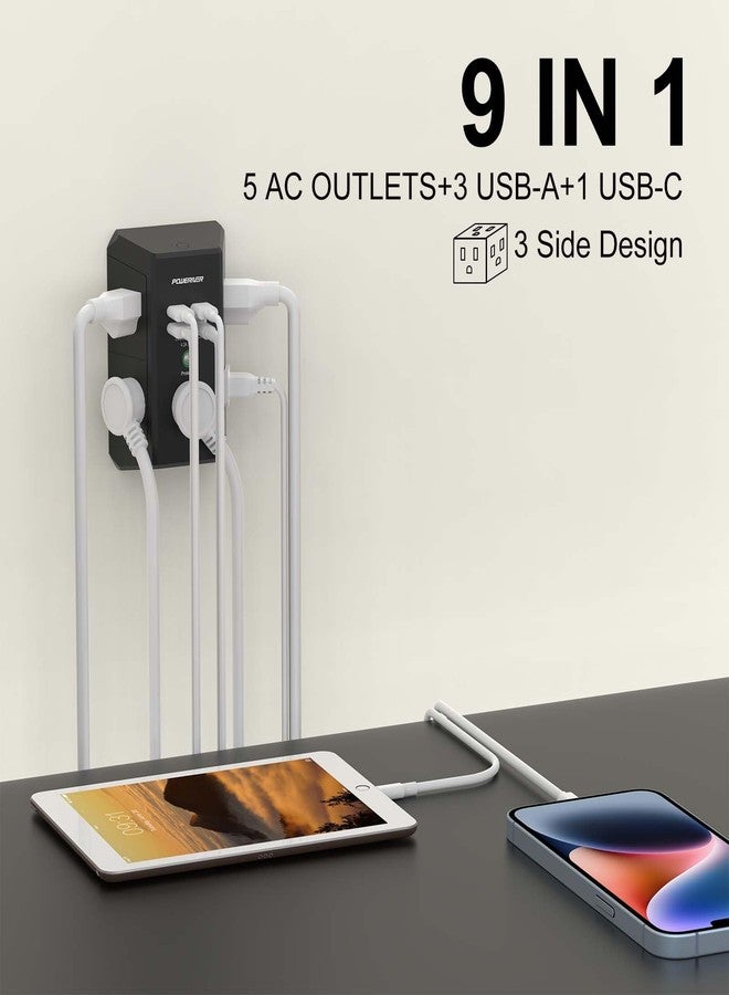 POWERIVER Multi Outlet Extender Surge Protector - POWERIVER Multi Plug Wall Outlet with 5 AC Outlets and 4 USB Ports(1USB C), 1680 Joules, Outlet Splitter for Home School Office, ETL Listed, Black - Image 2