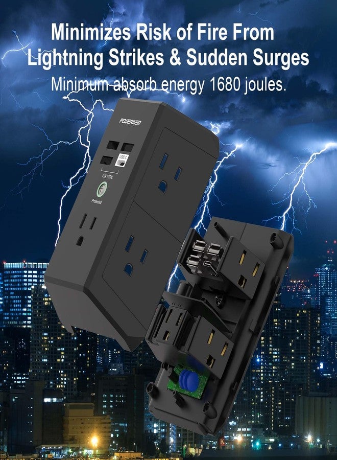 POWERIVER Multi Outlet Extender Surge Protector - POWERIVER Multi Plug Wall Outlet with 5 AC Outlets and 4 USB Ports(1USB C), 1680 Joules, Outlet Splitter for Home School Office, ETL Listed, Black - Image 5