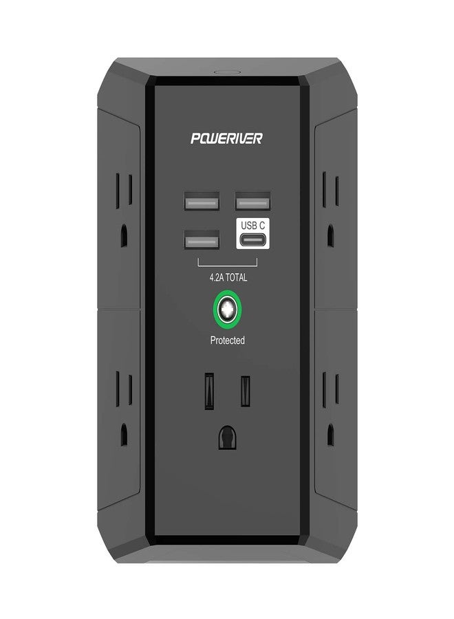 POWERIVER Multi Outlet Extender Surge Protector - POWERIVER Multi Plug Wall Outlet with 5 AC Outlets and 4 USB Ports(1USB C), 1680 Joules, Outlet Splitter for Home School Office, ETL Listed, Black - Image 1