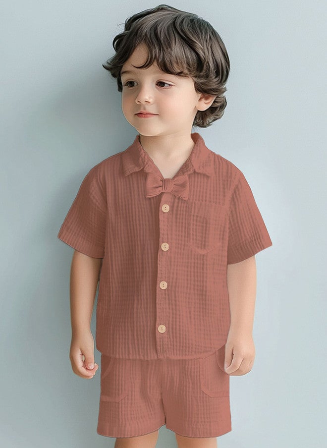 Kidbea Kids Rust Solid Linen Shirt and Shorts Clothing Set - Image 1