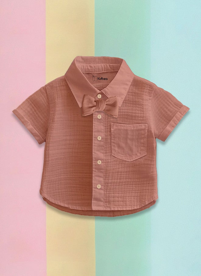 Kidbea Kids Rust Solid Linen Shirt and Shorts Clothing Set - Image 3