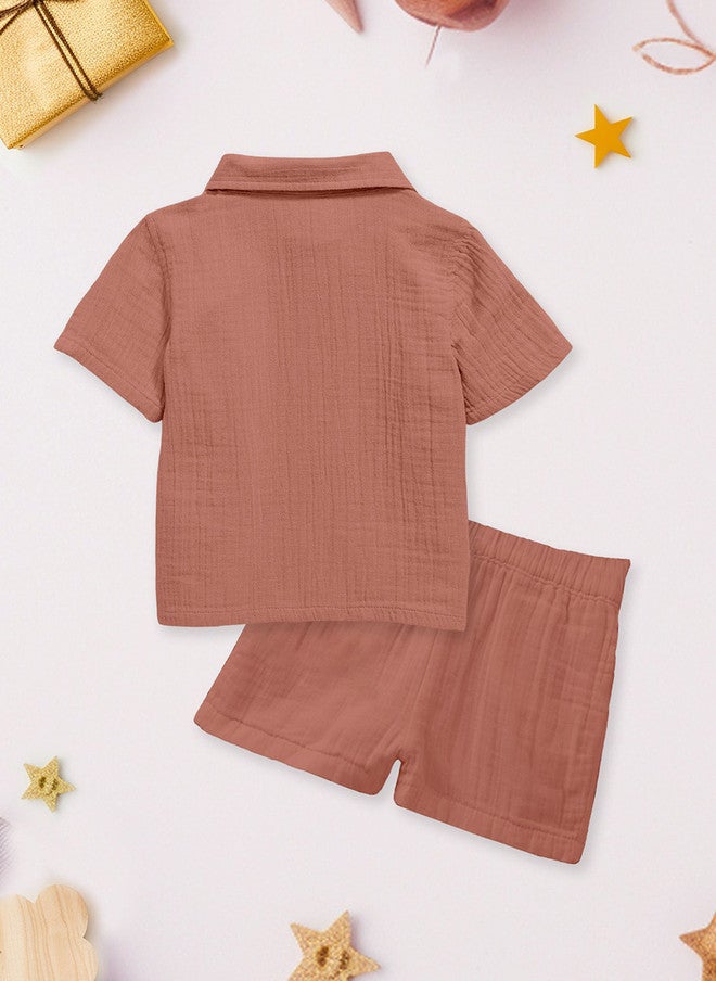 Kidbea Kids Rust Solid Linen Shirt and Shorts Clothing Set - Image 2