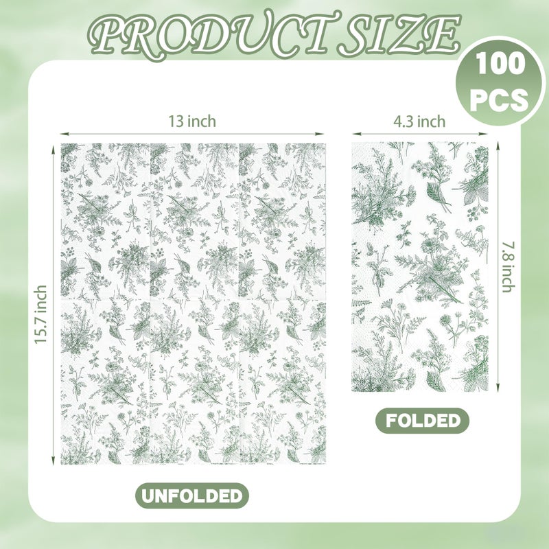 Elyxio 100 Floral Guest Napkins Sage Green White Toile Disposable Paper Napkins Flower Bathroom Hand Towels for Tea Party Christmas Bridal Baby Shower Party Supplies - Image 2