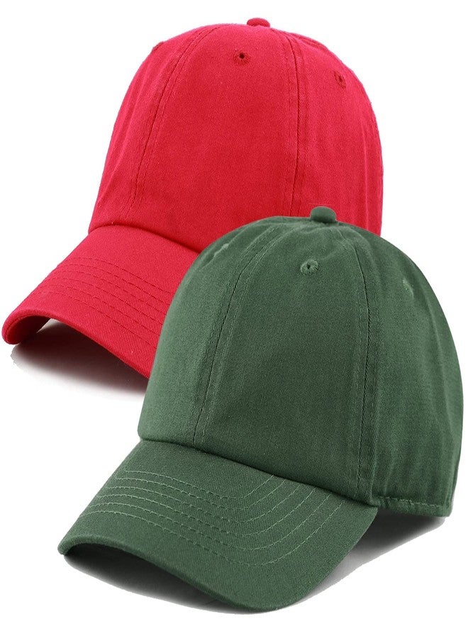 Malvina طقم مالفينا مكون من قبعتين بيسبول قطنيتين سادة مع مشبك قابل للتعديل للأولاد والبنات، مقاس حر (أحمر وأخضر داكن) - Image 1
