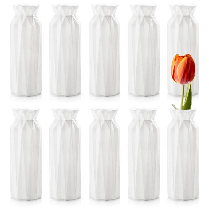 10 PACK COMPOSITE PLASTIC FLOWER VASE 8 PLASTIC VASES FOR CENTERPIECES WHITE UNBREAKABLE VASE FOR WEDDING DINNER TABLE PARTY LIVING ROOM OFFICE BEDROOM DECOR ORIGAMI DESIGN