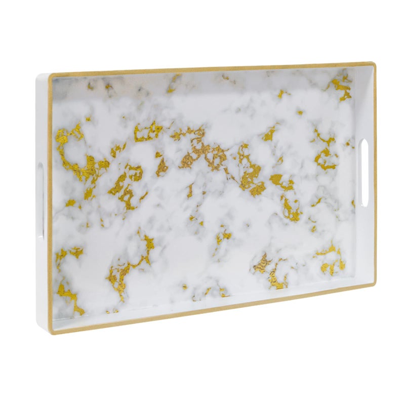 MAONAME White Decorative Tray with Handles Plastic Serving Tray for Coffee Table Marbling Rectangular Tray for Ottoman Bathroom Storage 158 Lx 102 W X 14 H
