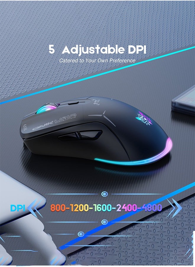 أونيكوما ماوس ألعاب مع RGB - وضع مزدوج 2.4 جيجاهرتز/بلوتوث، بطارية 400 مللي أمبير/ساعة، 6 أزرار قابلة للبرمجة وDPI قابل للتعديل لألعاب الكمبيوتر، أسود  - Image 4
