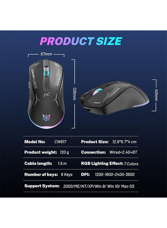 onikuma Wireless Gaming Mouse, Dual Mode 2.4G/USB-C, 6 Programmable Buttons, Up to 4800 DPI, Lightweight 120g, RGB 7-Color Lighting, Long Battery Life, Ergonomic Design for PC/Mac/Laptop (Black) - Image 4