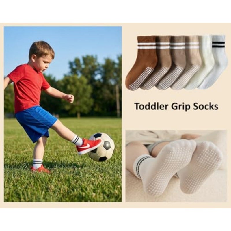 Toddler Non-Slip Socks, Unisex Infant Non-Slip Round Neck Seamless Cotton Socks with Retro Stripes, Suitable for Boys Girls 6 Pairs - Image 3