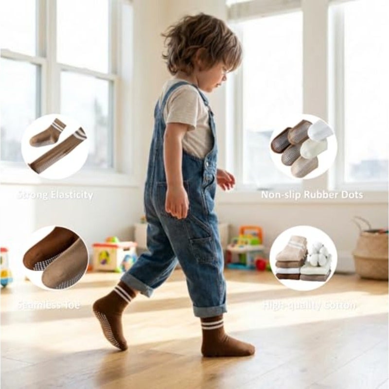 Toddler Non-Slip Socks, Unisex Infant Non-Slip Round Neck Seamless Cotton Socks with Retro Stripes, Suitable for Boys Girls 6 Pairs - Image 4