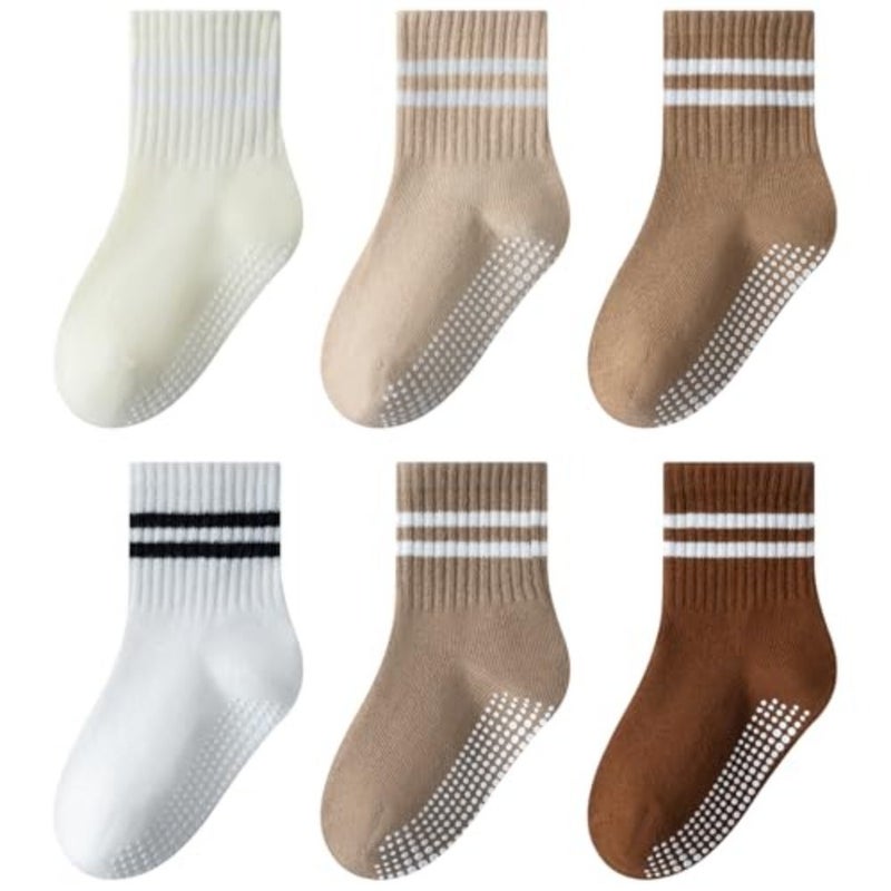 Toddler Non-Slip Socks, Unisex Infant Non-Slip Round Neck Seamless Cotton Socks with Retro Stripes, Suitable for Boys Girls 6 Pairs - Image 1