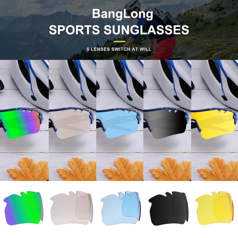 BangLong Polarized Sports Sunglasses Cycling Sun Glasses for Men Women with 5 Interchangeable Lenes for Running Baseball Golf - Image 2