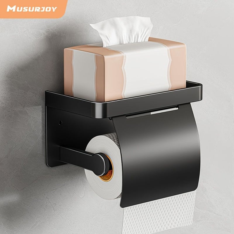 1pc Wall Mounted Toilet Paper Holder With Cover Space Saving Aluminum Gray Easy Install Shelf Smooth Rectangular Surface Bathroom Tissue Dispenser Rack Commercial - Image 1