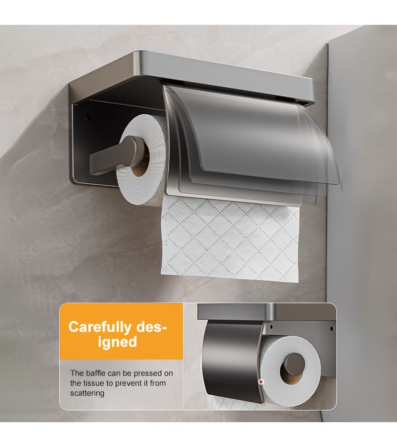 1pc Wall Mounted Toilet Paper Holder With Cover Space Saving Aluminum Gray Easy Install Shelf Smooth Rectangular Surface Bathroom Tissue Dispenser Rack Commercial - Image 3