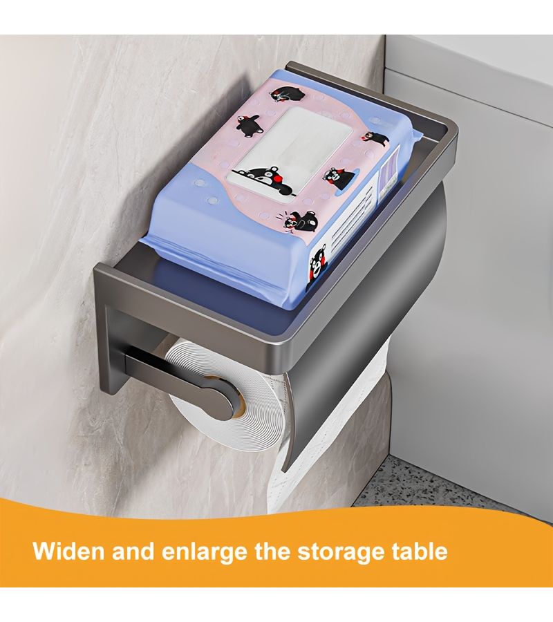 1pc Wall Mounted Toilet Paper Holder With Cover Space Saving Aluminum Gray Easy Install Shelf Smooth Rectangular Surface Bathroom Tissue Dispenser Rack Commercial - Image 4