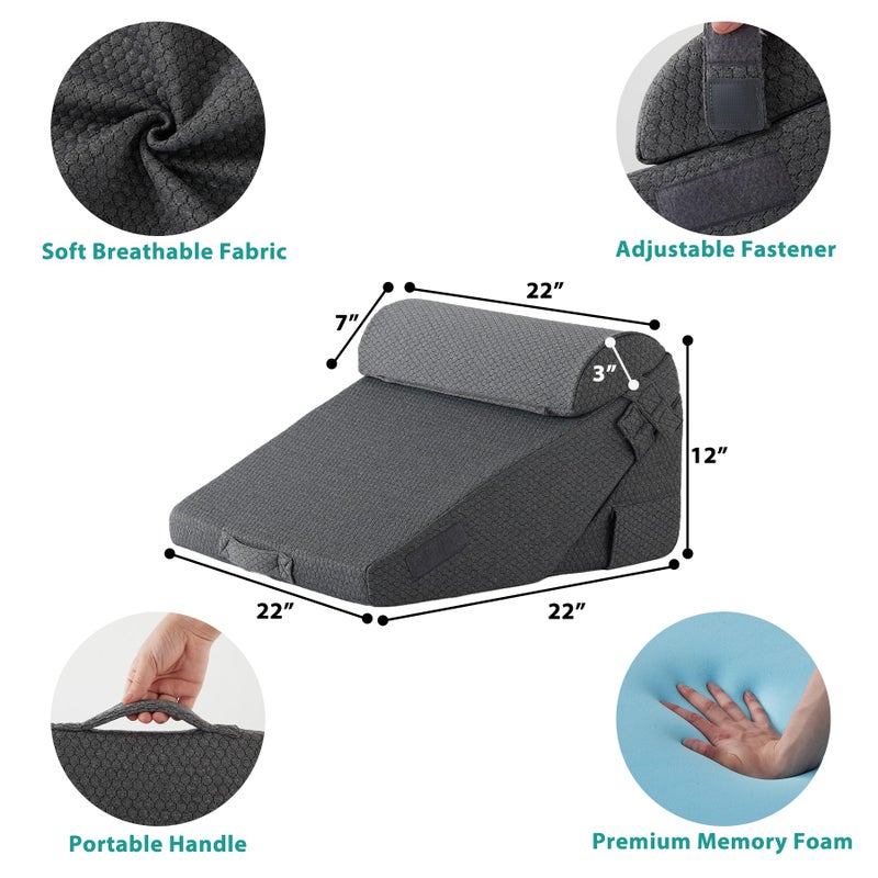 Bedluxe 3Pcs Orthopedic Bed Wedge Pillow Set, Foam Wedge Pillow Post Surgery for Back, Leg and Knee Support, Adjustable 9&12 Inch Folding Triangle Pillow for Sleeping, Acid Reflux, Snoring, Dark Grey - Image 4