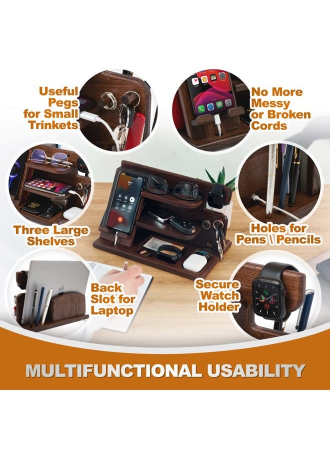 TESLYAR Wood Phone Docking Station for Men - Desktop or Nightstand Organizer - Birthday gifts for Men or Dad - Anniversary Idea from Wife - Key Holders, for Wallet, Watch & Essentials (Chestnut Brown) - Image 5