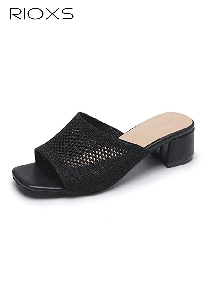 RIOXS Women's Knit Knit Heeled Sandals, Chunky Block Heel Sandals, Open Toe Slip On Sandals For Women, Fashion Chunky Heels, Ladies Casual Slides Sandal, Stylish Square Open Sandals Mules, Versatile Walking Sandals For Party/ Work/ Date/ Wedding  - Image 1