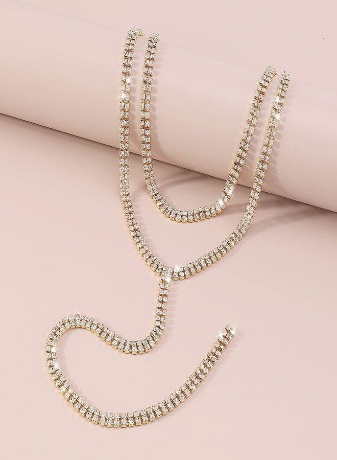 Chargances Bling Rhinestone Tennis Chain Necklace Statement Long Crystal Backdrop Necklae Y-shaped Choker Jewelry for Women (Gold) - Image 5