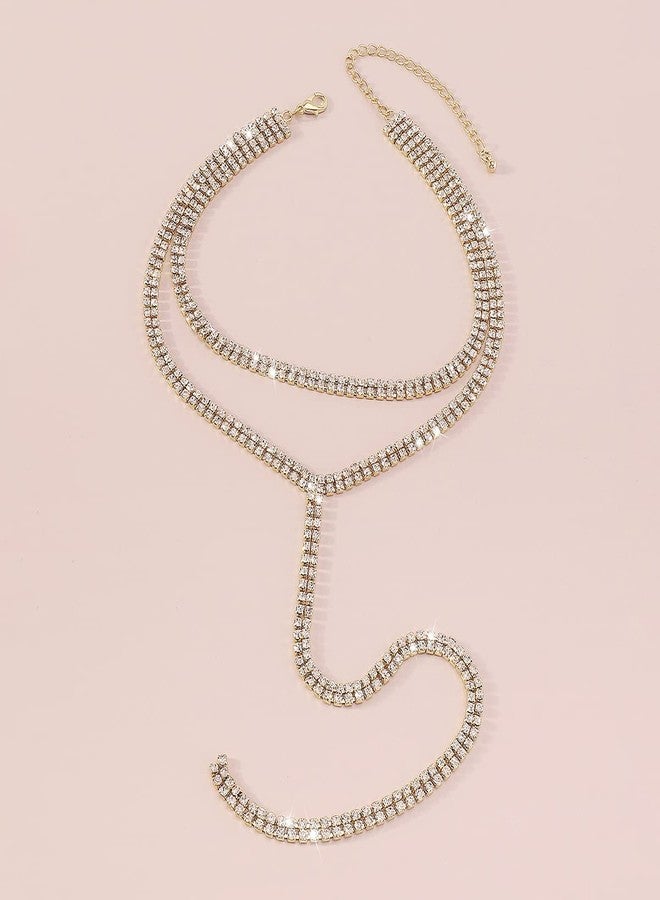 Chargances Bling Rhinestone Tennis Chain Necklace Statement Long Crystal Backdrop Necklae Y-shaped Choker Jewelry for Women (Gold) - Image 4