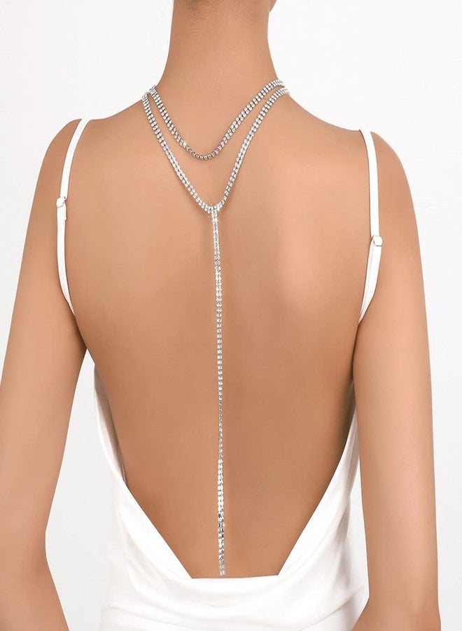 Chargances Bling Rhinestone Tennis Chain Necklace Statement Long Crystal Backdrop Necklae Y-shaped Choker Jewelry for Women (Gold) - Image 3