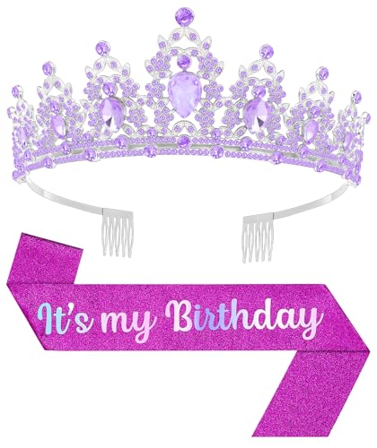 Papoopy Birthday Tiara and Crown with Sash, Birthday Tiara for Women Party (Purple) - Image 1