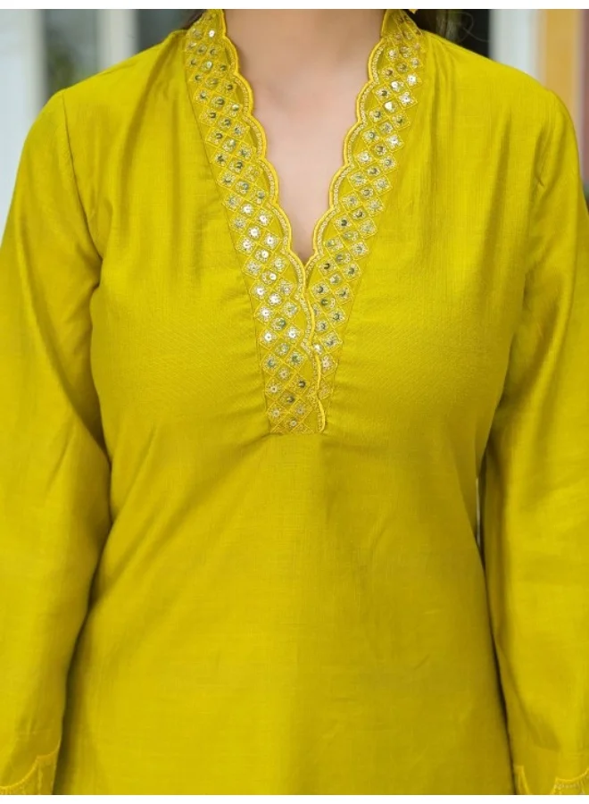 AKS Lime Green Embroidered Pakistani Kurta Set With Embroidered Dupatta