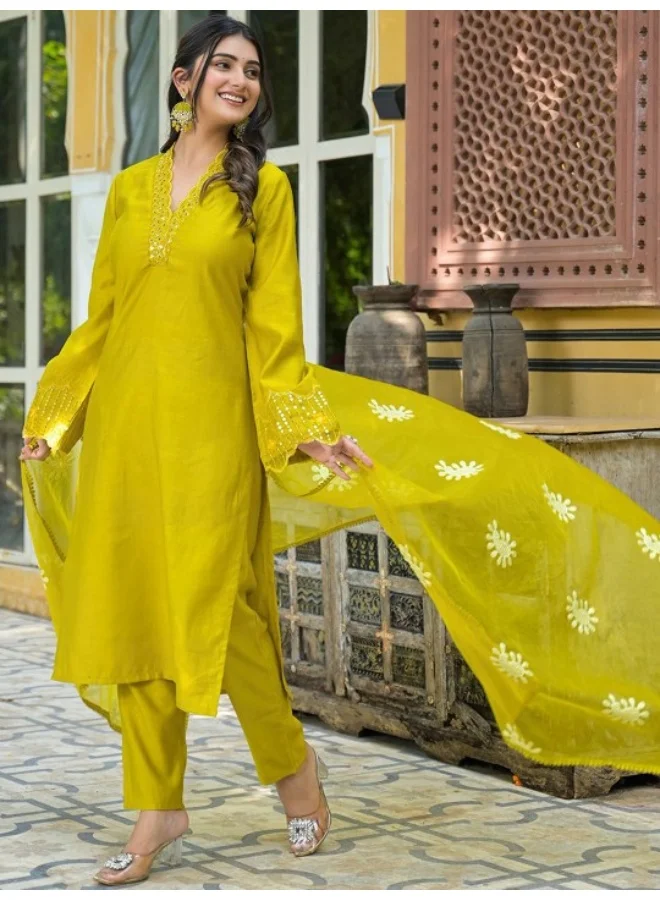 AKS Lime Green Embroidered Pakistani Kurta Set With Embroidered Dupatta