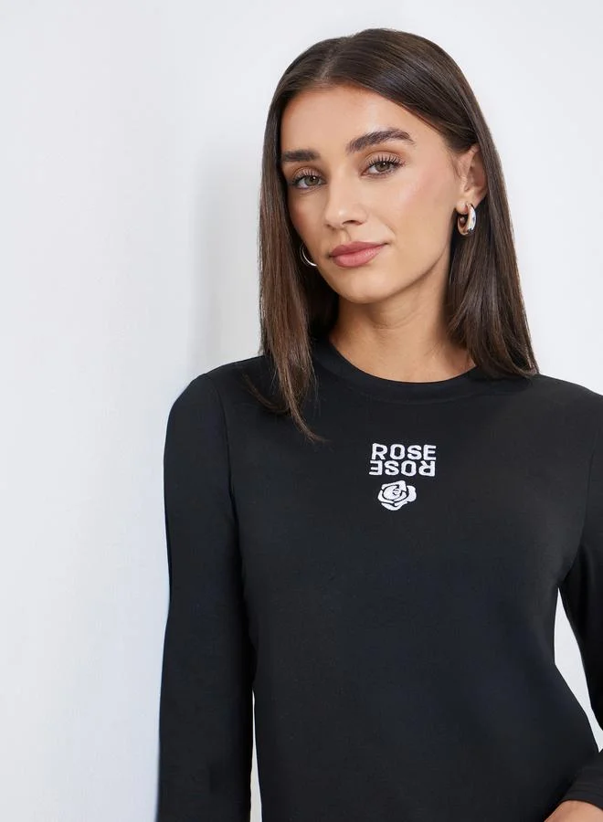 Styli Black Rose Embroidered Long Sleeve T-Shirt