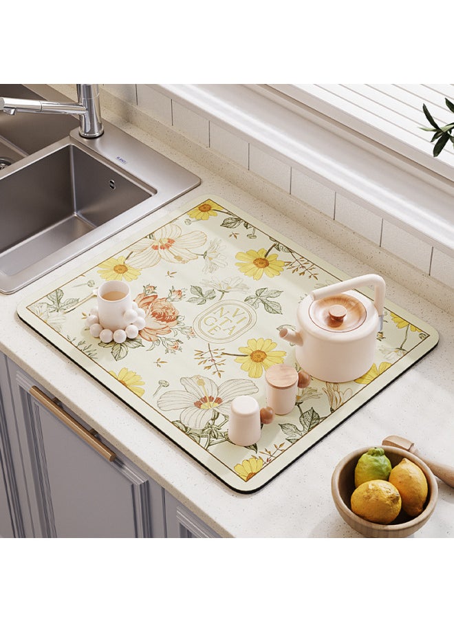 Generic American Retro Diatom Mud Kitchen Bowl Drain Pad Washing Table Water Absorbent Quick-drying Non-slip Table Bowl Chopsticks Padded Cloth-Color:Zc Spring Branch Years—yuan -Specifications:30x40cm  - Image 1