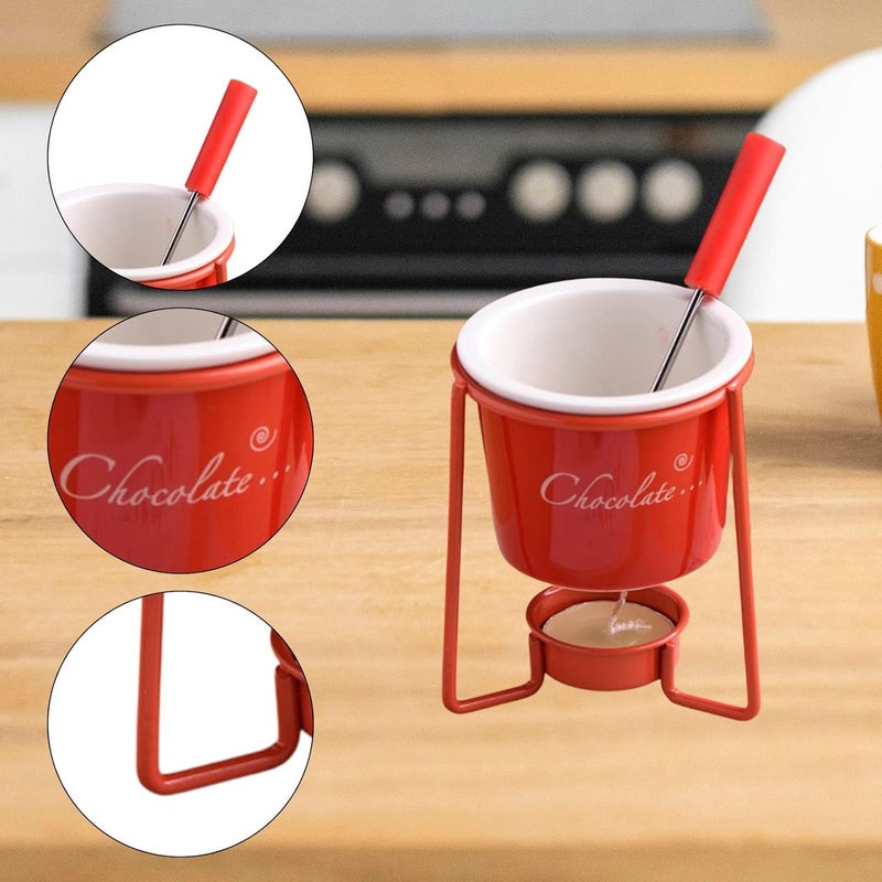 Chocolate with Fork, Butter and Cheese Fondue Set, Tealight Set, Porcelain Melting Pot, Hotpot for Home, Dessert Parties, Red - Image 2