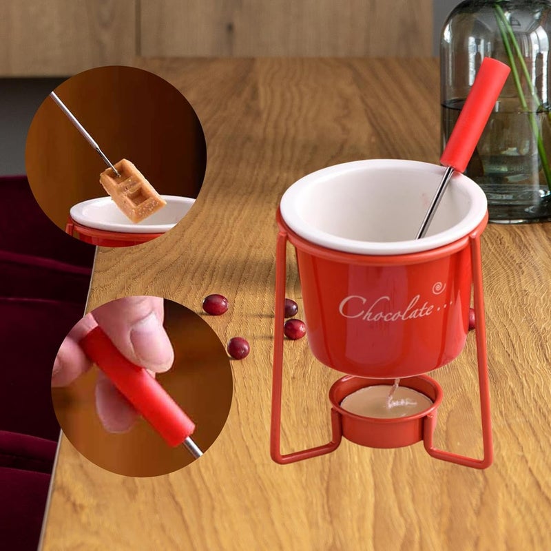 Chocolate with Fork, Butter and Cheese Fondue Set, Tealight Set, Porcelain Melting Pot, Hotpot for Home, Dessert Parties, Red - Image 5
