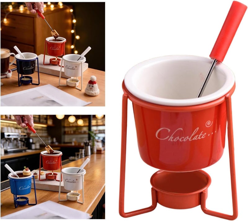 Chocolate with Fork, Butter and Cheese Fondue Set, Tealight Set, Porcelain Melting Pot, Hotpot for Home, Dessert Parties, Red - Image 4