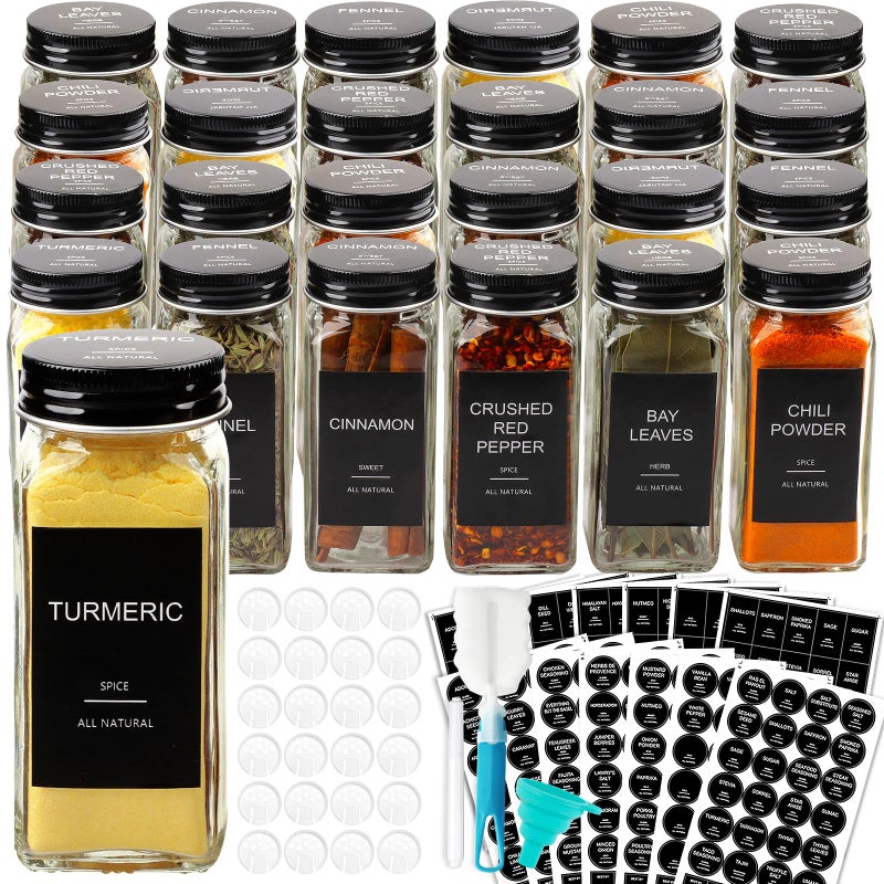 AISIPRIN 24 Pcs Glass Spice Jars with 398 Labels, 4oz Empty Square Spice Containers Seasoning Bottles - Shaker Lids, Funnel, Brush and Marker Included(Black Metal Caps) - Image 1