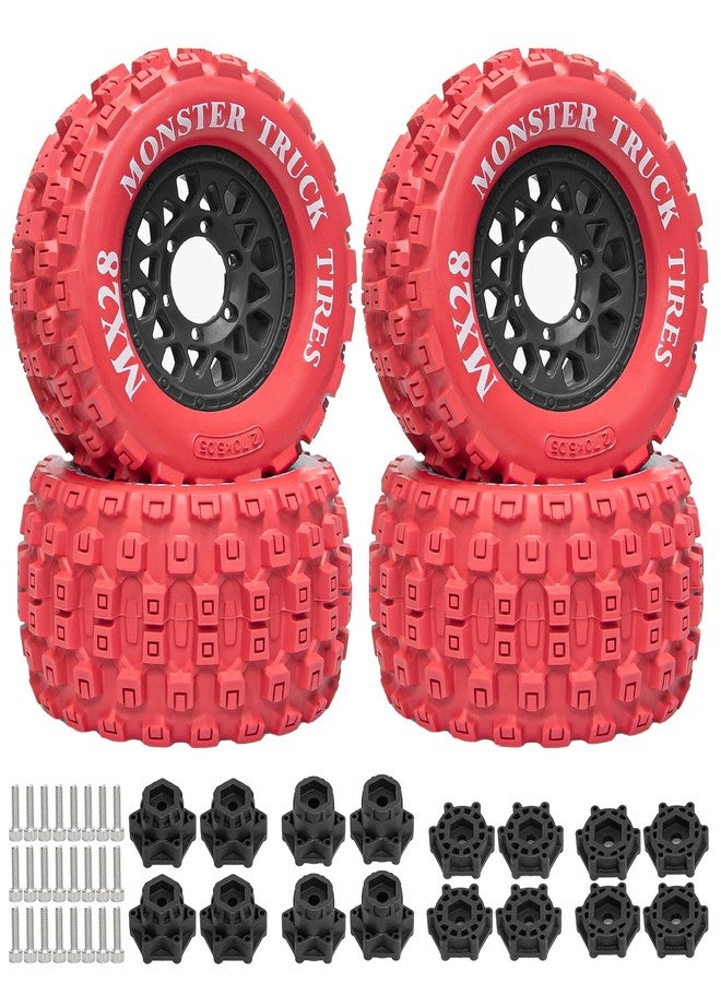 LRFHL MX28 F/R 2.8" RC Tire and Wheels with 12mm/14mm Hex Adapter, 1/10 RC Monster Truck Tires Compatible with Traxxas Stampede Rustler Redcat Arrma Vorteks Big Rock Granite (4PCS, Red) - Image 1
