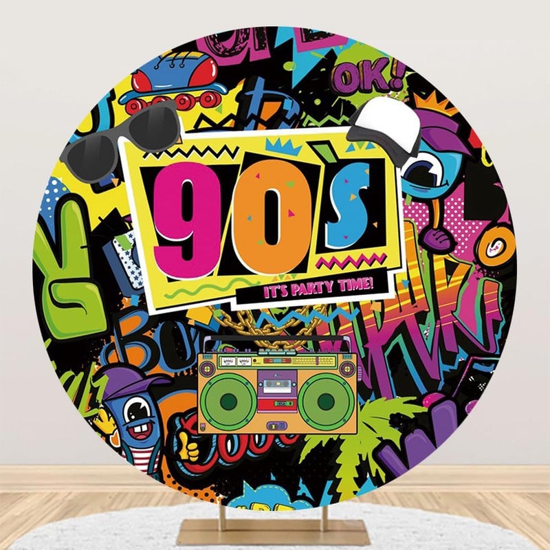 Renaiss 7x7ft Back to 90s Round Backdrop Covers Its Party Time Boombox Graffiti Circle Photography Background Music Festival Retro Disco Sock Hop Hip Hop Birthday Party Decor Photo Booth Props - Image 1