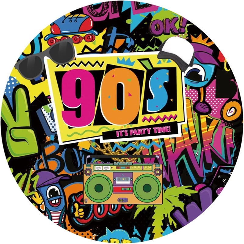 Renaiss 7x7ft Back to 90s Round Backdrop Covers Its Party Time Boombox Graffiti Circle Photography Background Music Festival Retro Disco Sock Hop Hip Hop Birthday Party Decor Photo Booth Props - Image 4