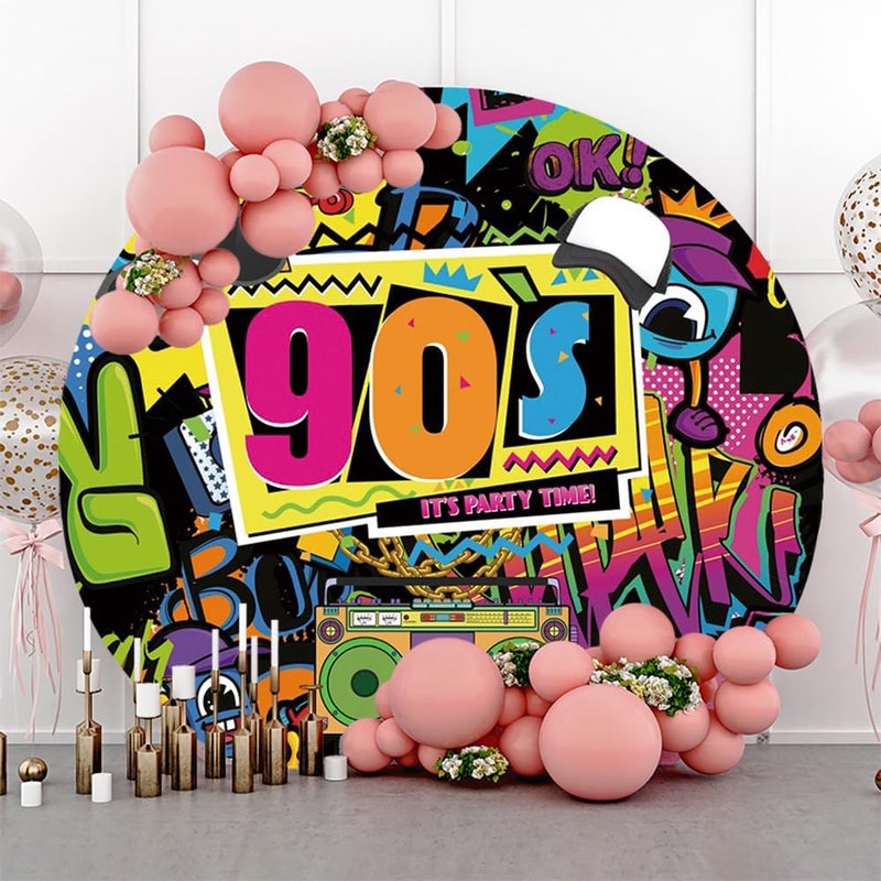 Renaiss 7x7ft Back to 90s Round Backdrop Covers Its Party Time Boombox Graffiti Circle Photography Background Music Festival Retro Disco Sock Hop Hip Hop Birthday Party Decor Photo Booth Props - Image 2