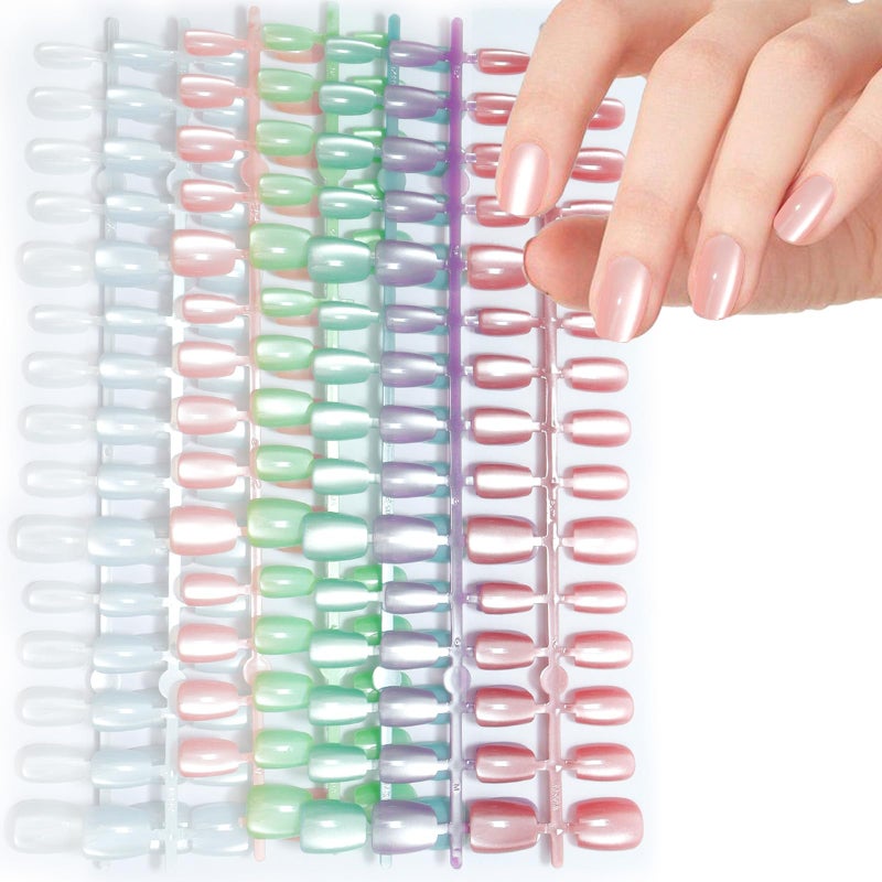 Laza Cat Eye Press on Nails, 7 Colors Short Square Reusable Natural Fake Stick on Nails in 15 Sizes for Women Girls with Salon Quality - Macaroon Series - Image 1