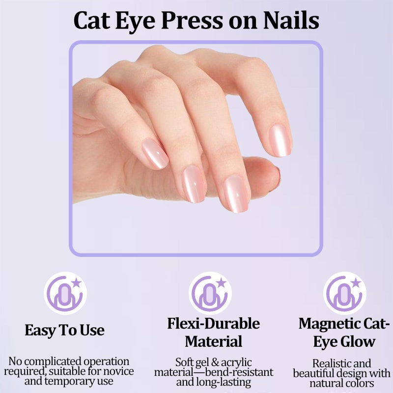 Laza Cat Eye Press on Nails, 7 Colors Short Square Reusable Natural Fake Stick on Nails in 15 Sizes for Women Girls with Salon Quality - Macaroon Series - Image 2