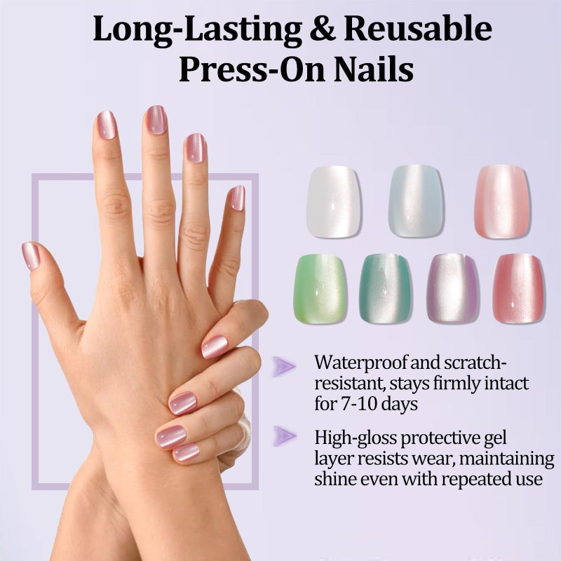 Laza Cat Eye Press on Nails, 7 Colors Short Square Reusable Natural Fake Stick on Nails in 15 Sizes for Women Girls with Salon Quality - Macaroon Series - Image 3
