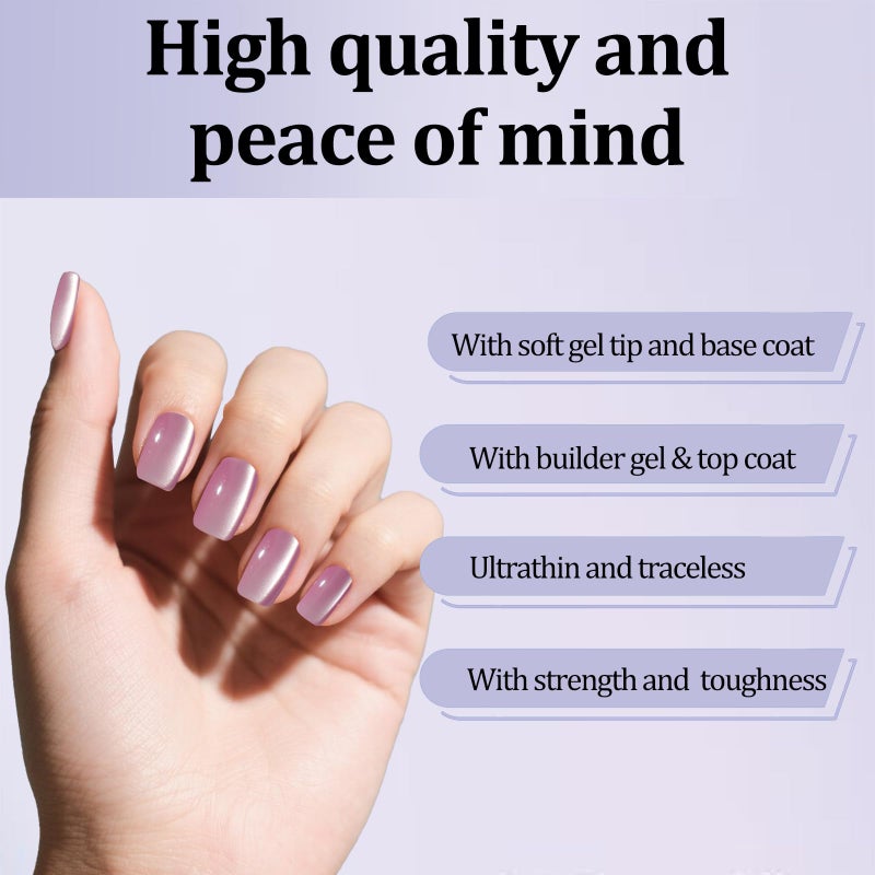 Laza Cat Eye Press on Nails, 7 Colors Short Square Reusable Natural Fake Stick on Nails in 15 Sizes for Women Girls with Salon Quality - Macaroon Series - Image 5