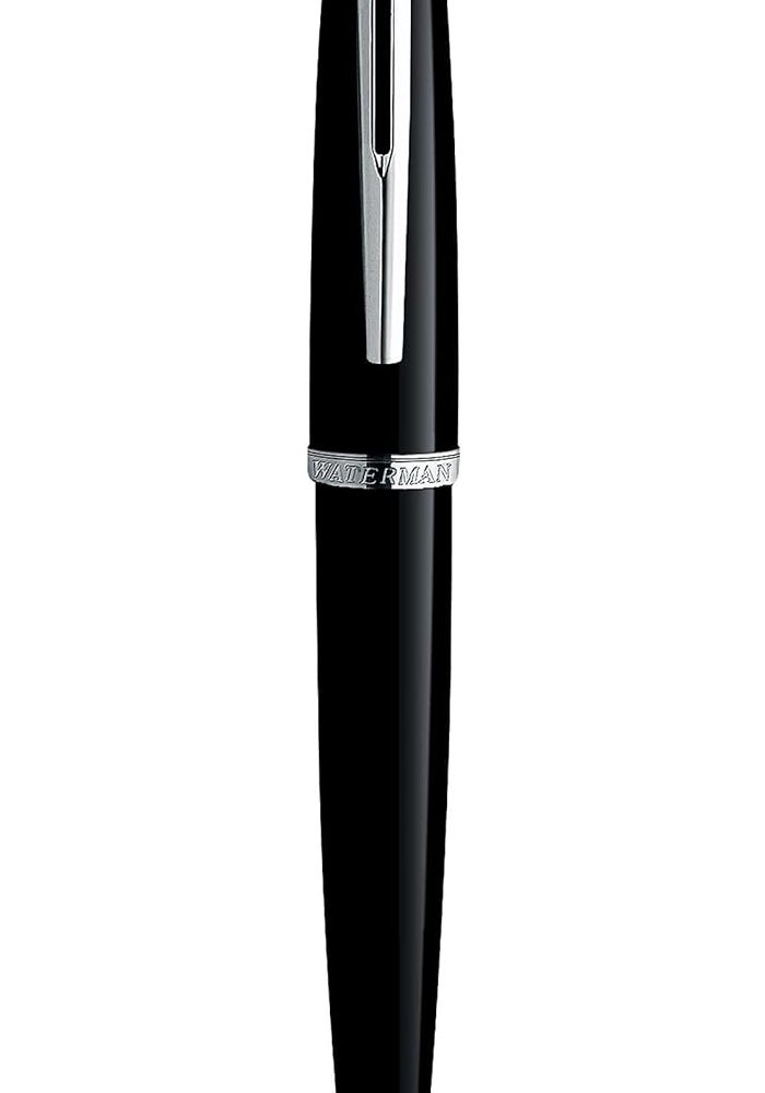 وترمان WATERMAN Carene Deluxe Black Fountain Pen with Medium Solid Gold Nib and Blue Ink - Image 2