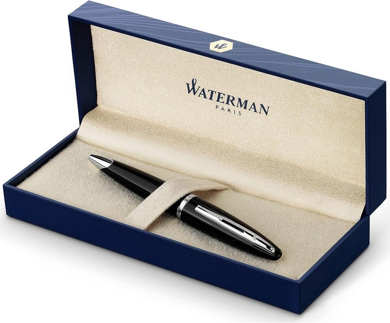 وترمان WATERMAN Carene Deluxe Black Fountain Pen with Medium Solid Gold Nib and Blue Ink - Image 1