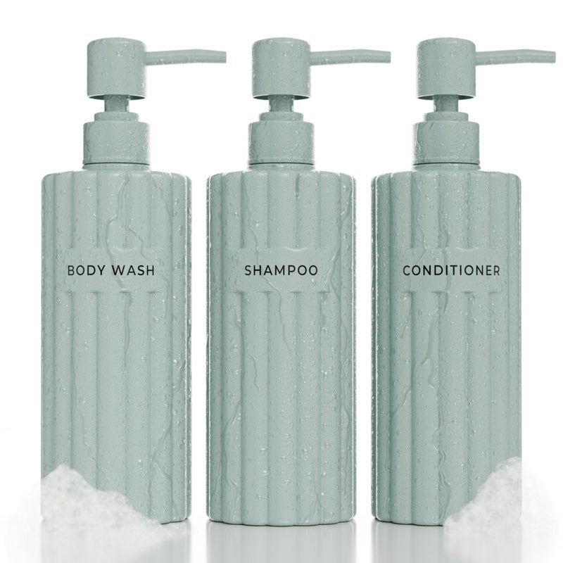 Stylish Shampoo and Conditioner Dispenser Set of 3 Modern 19oz Shower Soap Bottles with Pump and Labels Easy to Refill Body Wash Dispensers for an Instant Bathroom Decor Upgrade