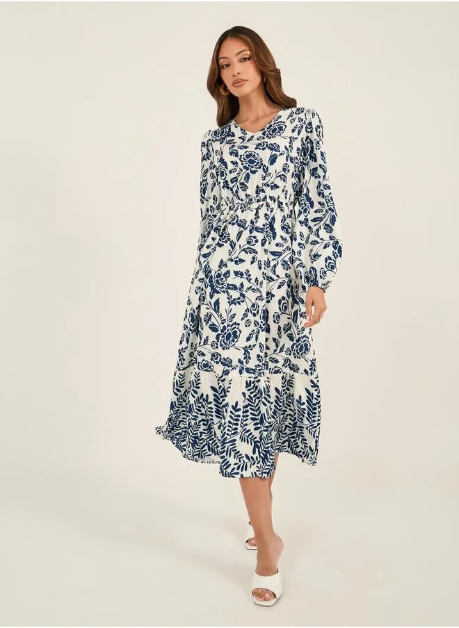 كي أل Floral Print V-Neck Midi Dress with Ruffled Hem