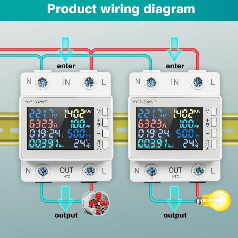 عداد كهرباء رقمي، AC170-300V 63A عداد طاقة واي فاي 8 في 1 أميتر AC وفولتميتر، مراقب استهلاك الطاقة والكهرباء تحكم ذكي عن بعد عبر التطبيق، قارئ عداد كهرباء - Image 2