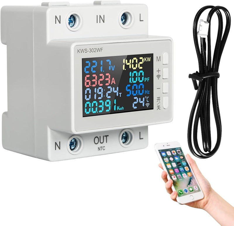 عداد كهرباء رقمي، AC170-300V 63A عداد طاقة واي فاي 8 في 1 أميتر AC وفولتميتر، مراقب استهلاك الطاقة والكهرباء تحكم ذكي عن بعد عبر التطبيق، قارئ عداد كهرباء - Image 1