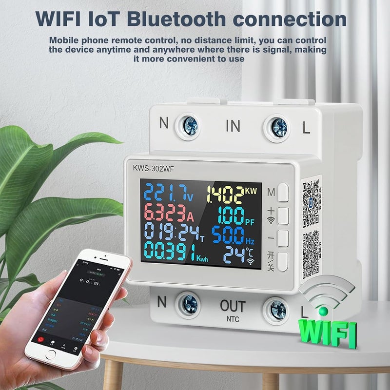 عداد كهرباء رقمي، AC170-300V 63A عداد طاقة واي فاي 8 في 1 أميتر AC وفولتميتر، مراقب استهلاك الطاقة والكهرباء تحكم ذكي عن بعد عبر التطبيق، قارئ عداد كهرباء - Image 3