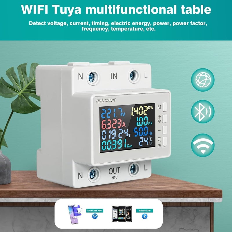 عداد كهرباء رقمي، AC170-300V 63A عداد طاقة واي فاي 8 في 1 أميتر AC وفولتميتر، مراقب استهلاك الطاقة والكهرباء تحكم ذكي عن بعد عبر التطبيق، قارئ عداد كهرباء - Image 5